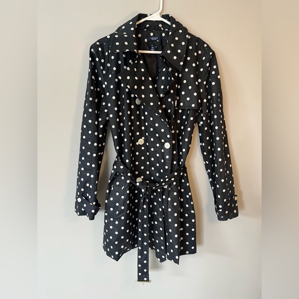 Chaps Black and White Polka Dot Trench Coat Size Extra Large